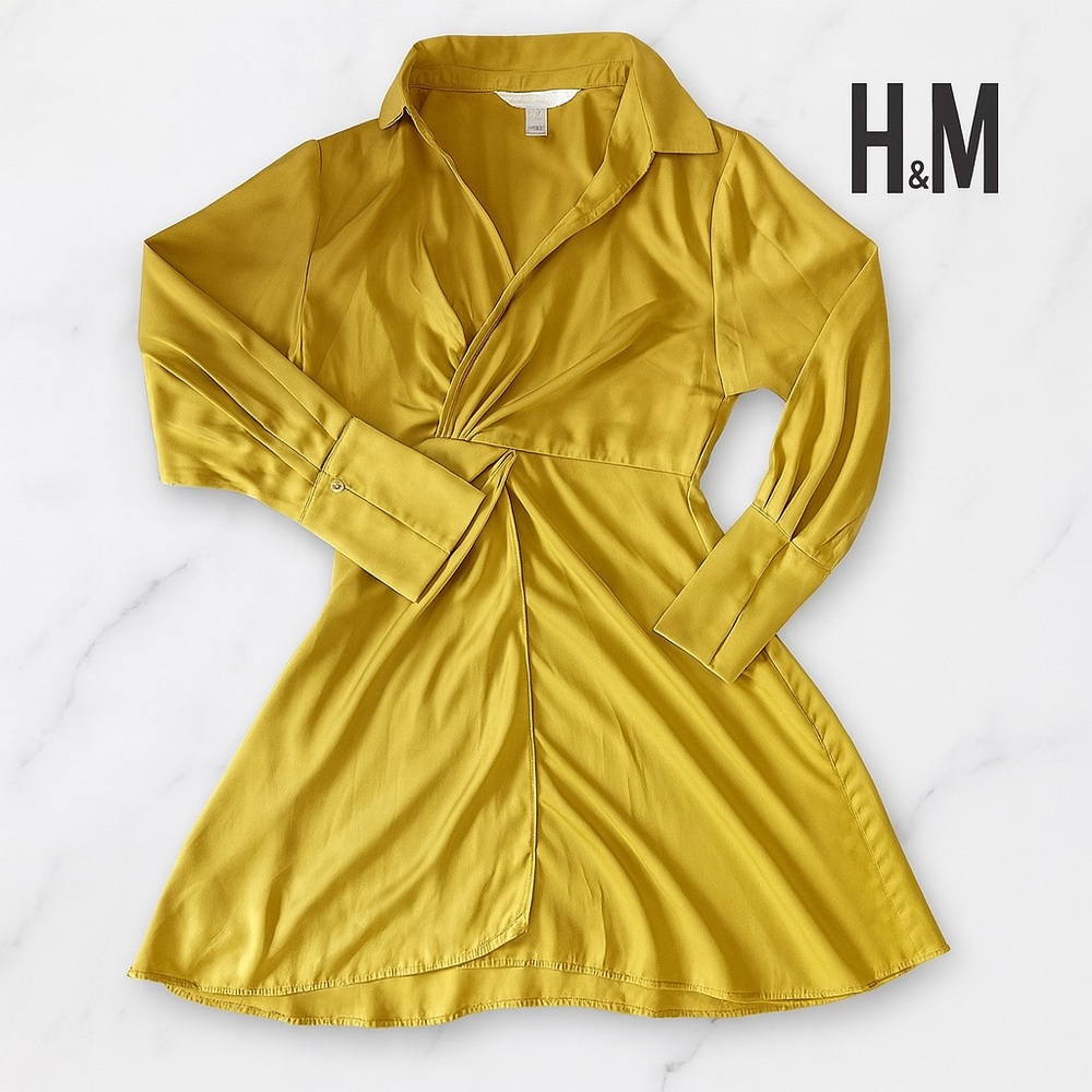 H&M Mustard Yellow Satin Twist Front Shirt Dress - Size S